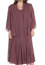 R M Richards beaded 2-pc v neck dress, size 16W, dark rose, new with tags