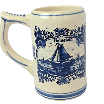Vintage 1970s Heineken Delft Blue Beer Stein Hand Painted Holland 5.25in