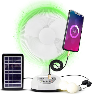 VENTO Rechargeable Fan with Solar Panel, USB Port, Night LED Light and 2 Free Bu