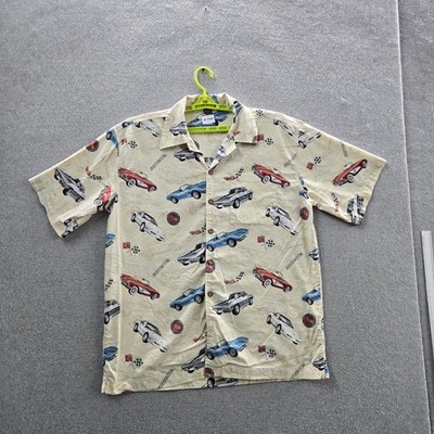 GM x David Carey Men Button Up Shirt XL Beige Corvette Stingray Short Sleeve