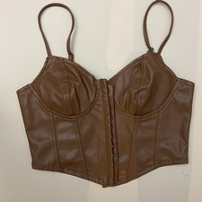 Women’s Brown Faux Leather Boned Corset Top Zip Closure Spaghetti Straps
