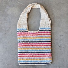 Boho Coastal Crochet Knit Colorful Striped Top Handle Tote Bag