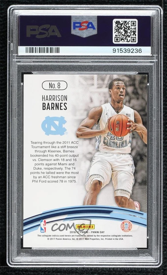 2016 Panini Day Collegiate Hyperplaid 1/1 Harrison Barnes #8 PSA 10 GEM MT 5n1 - Imagem 2 de 3