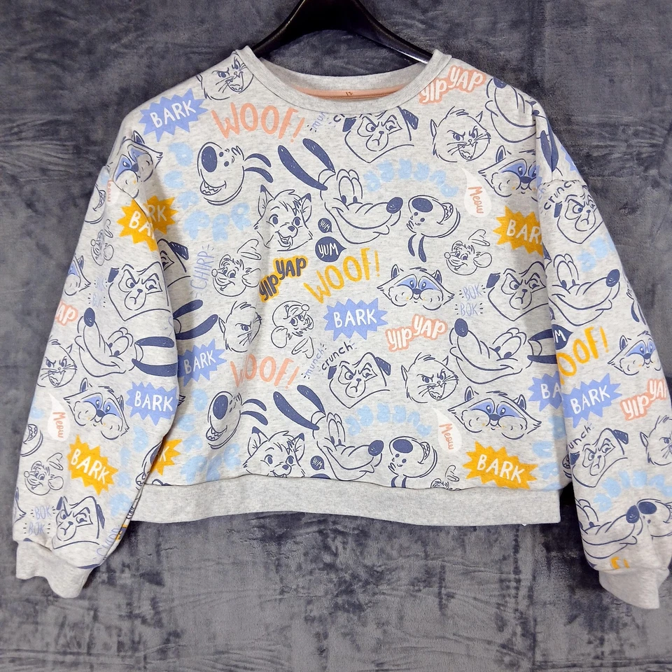 Disney Sweatshirt Womens XL Gray Allover Dog Cat Print Bark Woof Yip Yap - Image 2 of 4