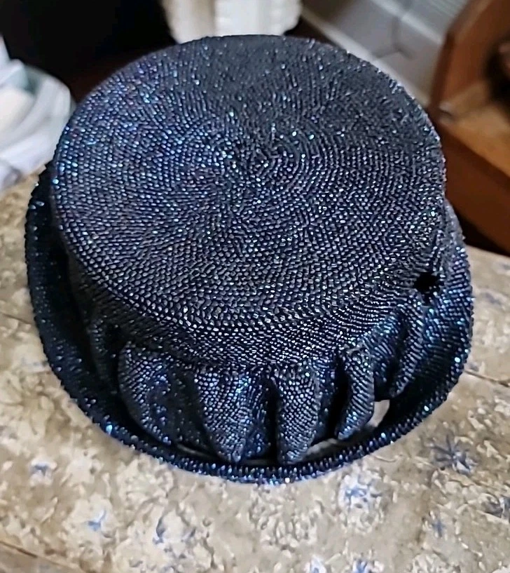 Antique Purse Beaded Box Cobalt Blue Black Carnival Tiny Beads Strap Handle 1920 - Image 3 of 4