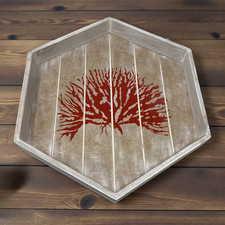 Vintage Pier 1 Hexagon Coral Stencil Wood Tray Beach House Summer Decor  16"