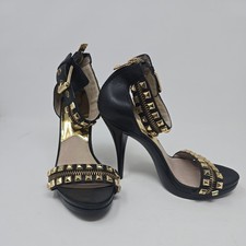 Michael Kors Livvy Ankle Strap Sandals Size 6M Black Leather Gold Studded Heels
