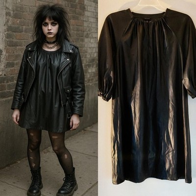 Black Faux Leather Puff Sleeve Dress Sz L Grunge Goth Alt Oversized Street Edgy
