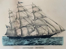 Antique Original Currier & Ives Outward Bound Ship Print 17.5” X 13.5”