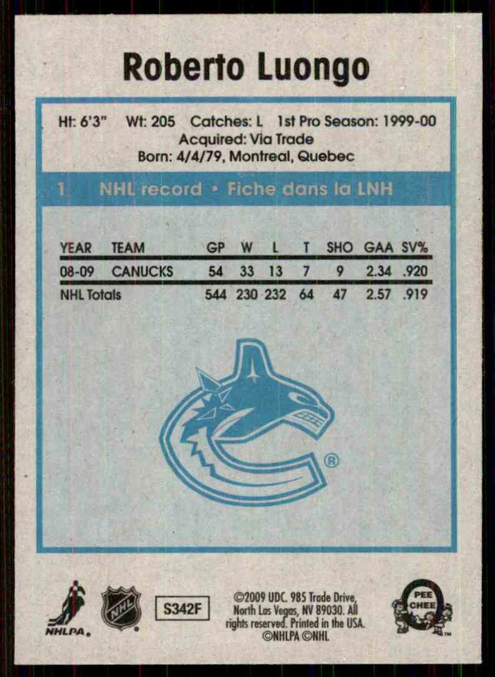 2009-10 O-PEE-CHEE RETRO ROBERTO LUONGO VANCOUVER CANUCKS #1 - Image 2 of 2