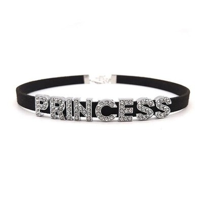 Rhinestone PRINCESS Letter Choker Necklaces Women Girl Velvet Leather Collar Z3