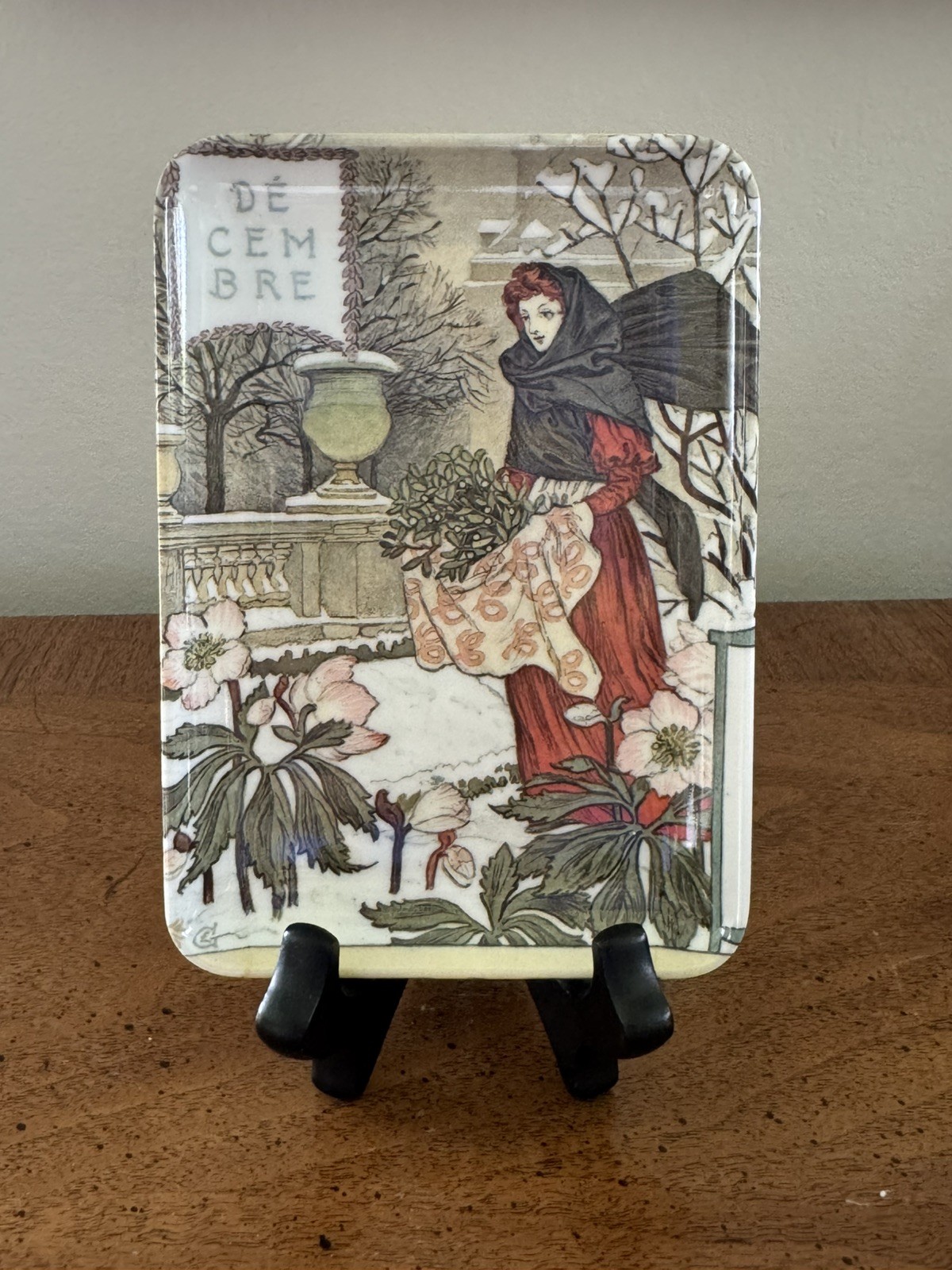 Eugene Grasset Art Nouveau Melamine 6” Ladies of the Month Tray, December, Italy
