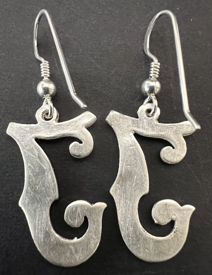 925 Sterling Silver Dangle Drop Earrings Wire Hook Handcrafted Alphabet Letter J - Image 2 of 4