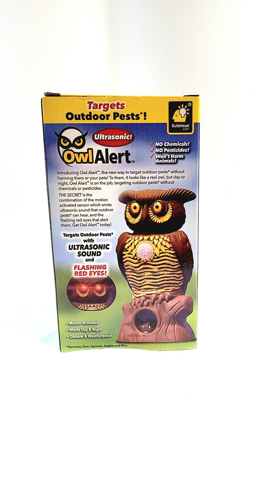 BulbHead Ultrasonic Owl Alert Statue PesticideFree Pest Control