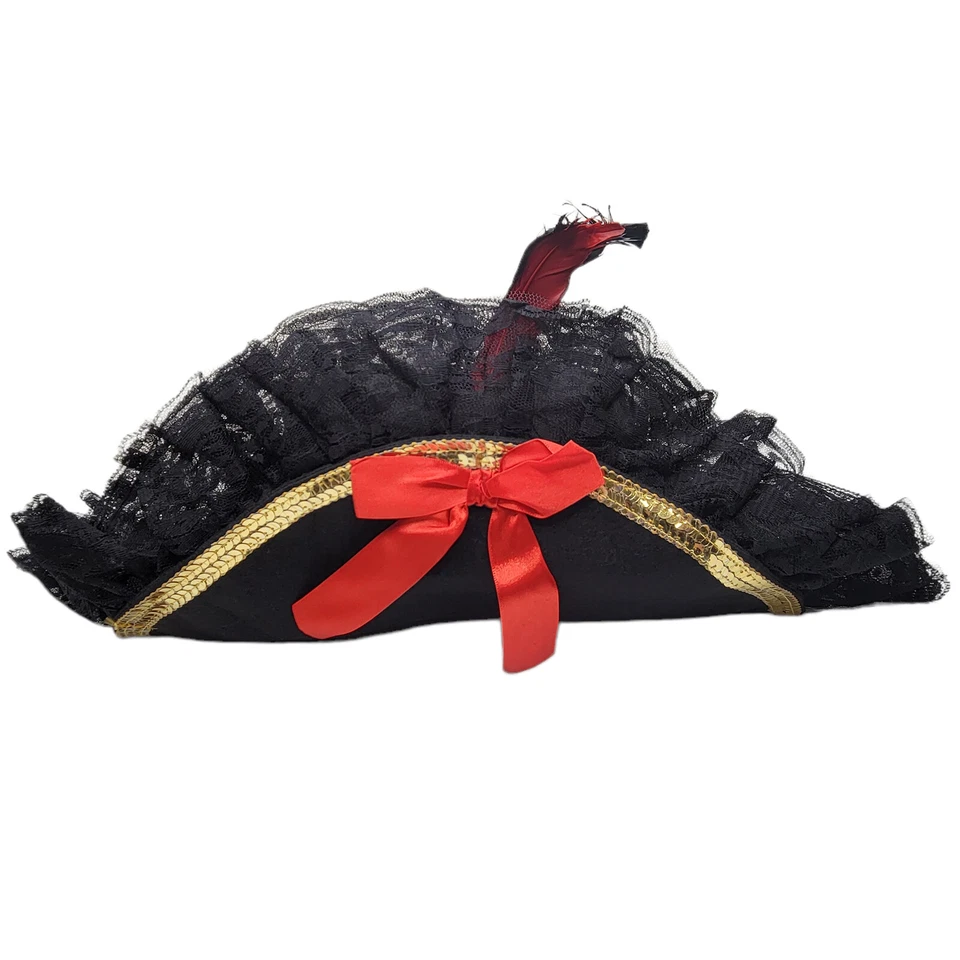 Sombrero pirata ribete de encaje lentejuelas pluma rojo arco bucanero bicornio disfraz 9147H Foto 3 de 4