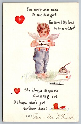 Postcard To My Valentine Angel Boy Licks Envelope J. Woodworth Love Romance