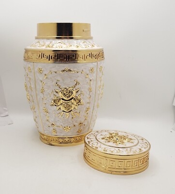 Urn for Human Ashes Textured Pearl White w/ Gold Roses Large Urn for 200lb Adult