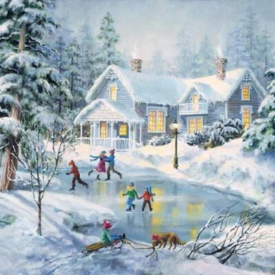 20 Servietten Winter Evening Skating Kinder Weihnachten Schnee Tischdeko 33x33cm