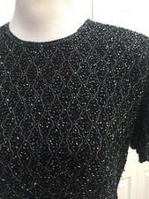 Papell Boutique Evening Black Silk Beaded Scallop Hem M Back Zip Excellent