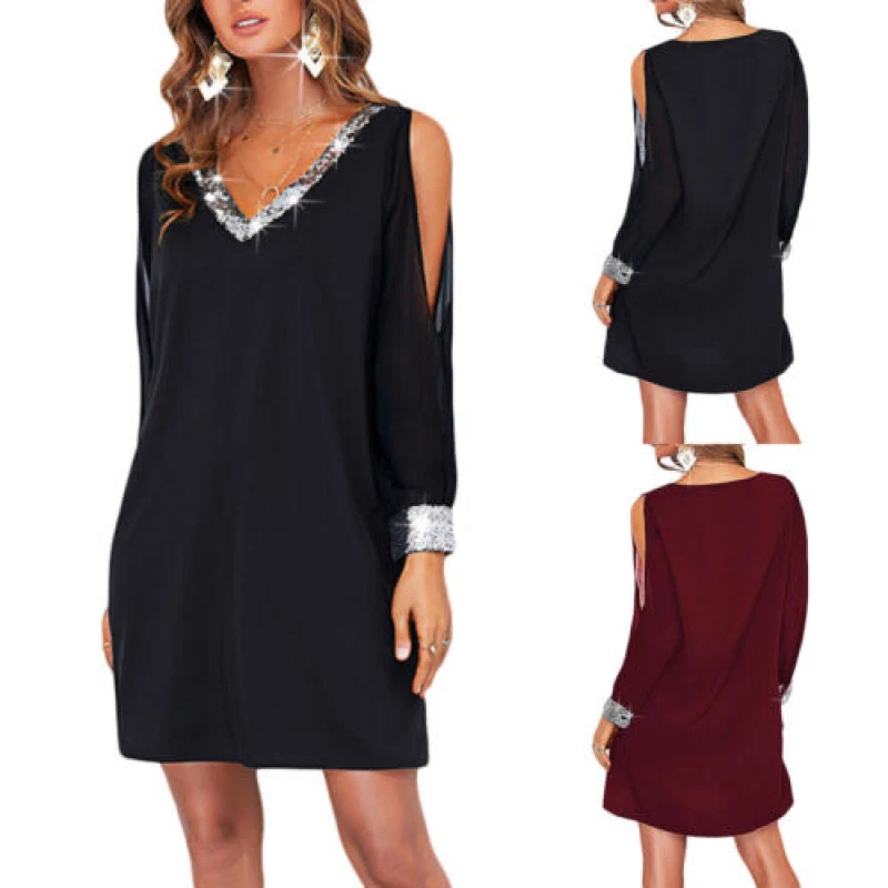 VALENTINO T shirt donna paillettes manica lunga scollo a V vestito festa spalle fredde mini abiti