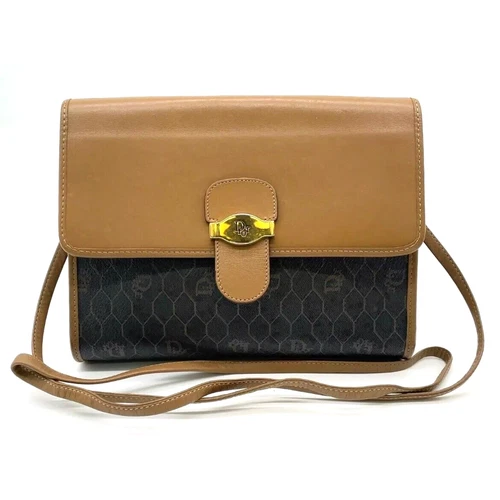 Authentique sac à bandoulière Christian Dior nid d'abeille PVC cuir marron