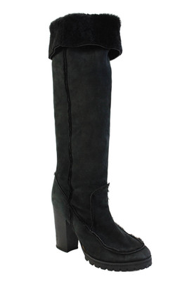 Fendi Womens Suede Faux Lines Round Toe Block Heel Mid-Calf Boots Black Size 10