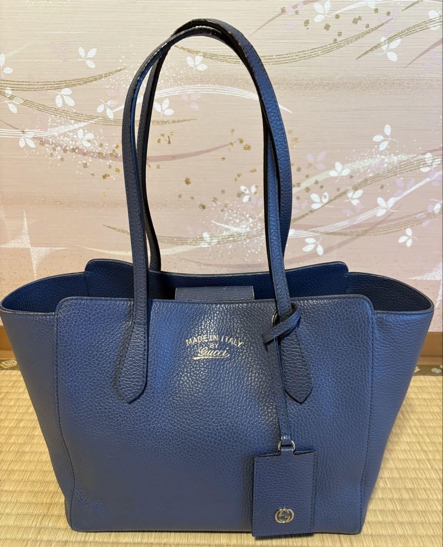 GUCCI 354408 Blue Leather Swing Tote Bag with Gold Hardware