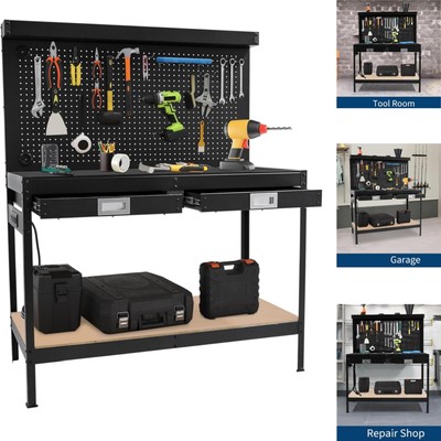US 48'' Workbench 2Tier Garage W/ Power Outlet 2Drawers Pegboard Shelf Work Table