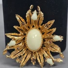 Vintage Hattie Carnegie Gold-Tone Sunburst Brooch W/ Milk Glass & Rhinestones