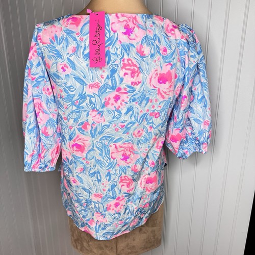 NWT Lilly Pulitzer Sz M Ivee Top Bondi Blue Pink My Little Peony Floral V Neck - Picture 6 of 11