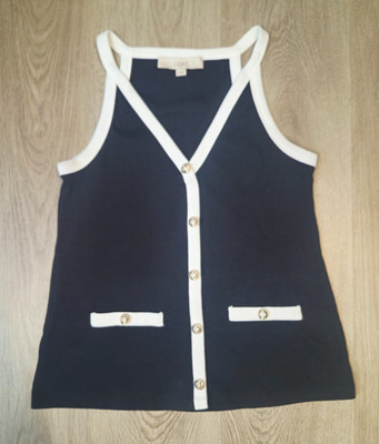 LOFT Ribbed Tank Top M Black White Trim Gold Buttons Preppy Nautical Minimalist