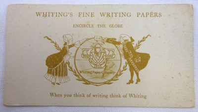 VICTORIAN TRADE CARD WHITING'S FINE WRITING PAPERS INK BLOTTER ENCIRCLE GLOBE