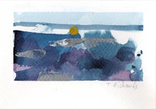 Blue Hour Landscape Painting, Abstract Original Art, Acrylic on Paper, 3.5x5"