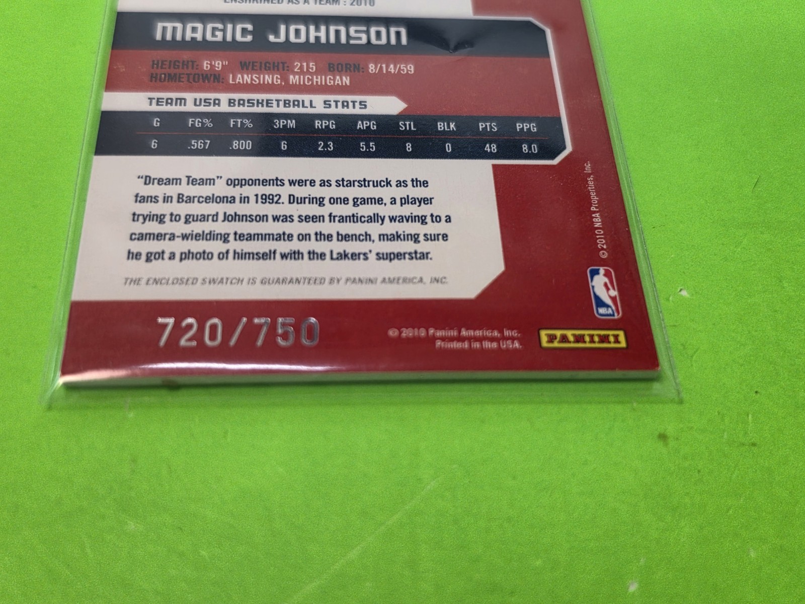 Magic Johnson 2010 Panini USA Dream Team Game Threads Jersey 720/750  view 4