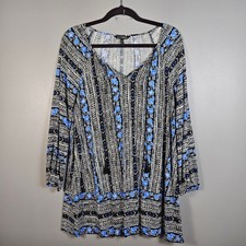 Express Womens Small Long Sleeve Boho Print Tunic Dress Black Blue White