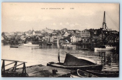 c1940 Stonington Maine ME Vintage Postcard View Sail Boat Yacht Houses Building