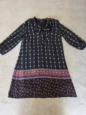 Lily Rose XS Black Boho Floral Border Print Tie Neck Shift Dress 3/4 Sleeve