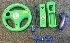 Wii Remote Luigi Nintendo Motion Plus Controller RVL-036 w/ HORI Steering Wheel