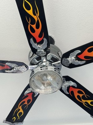 Harley-Davidson 52'' Ceiling Fan 81001 Black Chrome Flame 5-Blade Remote Light