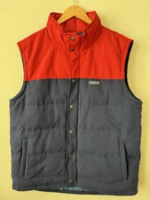 Patagonia Bivy Down Puffer Vest Mens L Red Navy Full Zip Snaps Outdoor Nice!