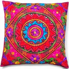 Boho Embroidered Cushion Cover 24x24  Indian Throw Pillow Case  Handmade Deco
