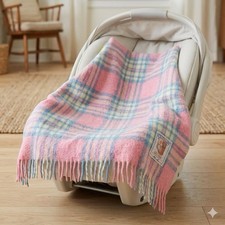 Vintage Royal Curvon 100 Wool Plaid Baby Blanket Throw Pink Blue Fringe 30x35