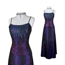 Vintage Y2K Beaded Corset Top Maxi Skirt Set Purple Satin Evening Outfit