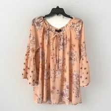 DG2 by Diane Gilman Women's Chiffon Bell Sleeve Peach Floral Blouse Size X-LARGE