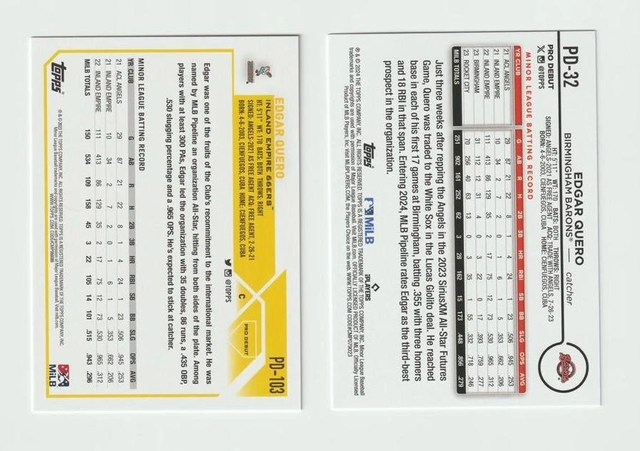 EDGAR QUERO 3 CARD LOT 2024 TOPPS PRO DEBUT CHROME X-FRACTOR #PDC-32 + 2 PD BASE - Image 4 of 4