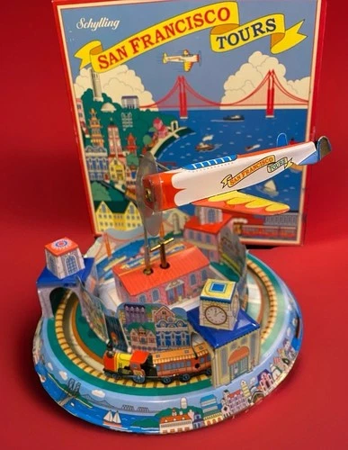 Vintage SCHYLLING San Francisco Tours Plane/Train Musical Tin Wind-up Toy in Box