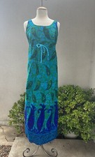 Vintage Luau Hawaiian Boho Maxi Dress Blue Green Sz S Kamehameha