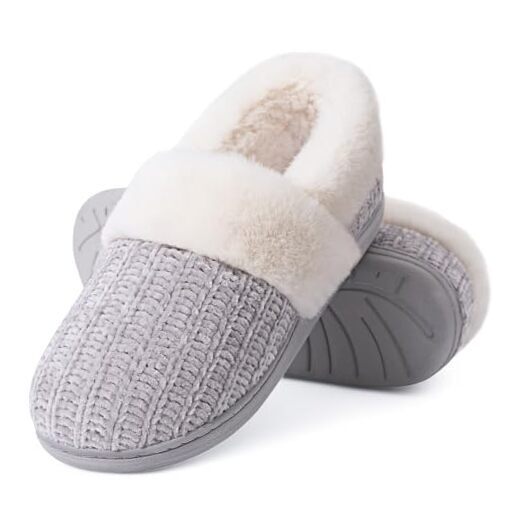 Women's Fuzzy Memory Foam Closed Back Slippers Chenille Knit Fleece 7-8 Grey