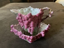 MAJOLICA :: c1902 OPEN SUGAR & CREAMER GRAPEVINE CLUSTERS Branch Handle ENGLAND