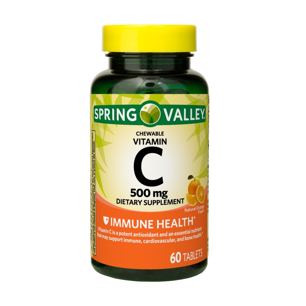 Spring Valley Vitamin C Chewable Tablets Dietary Orange Flavor 500 mg, 60 Count